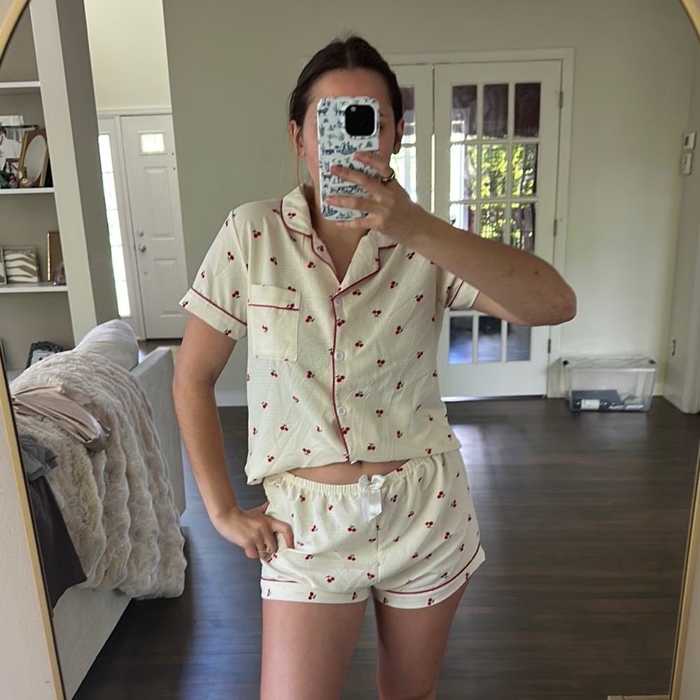 Cream and Red Pajama Set with Botanical Print